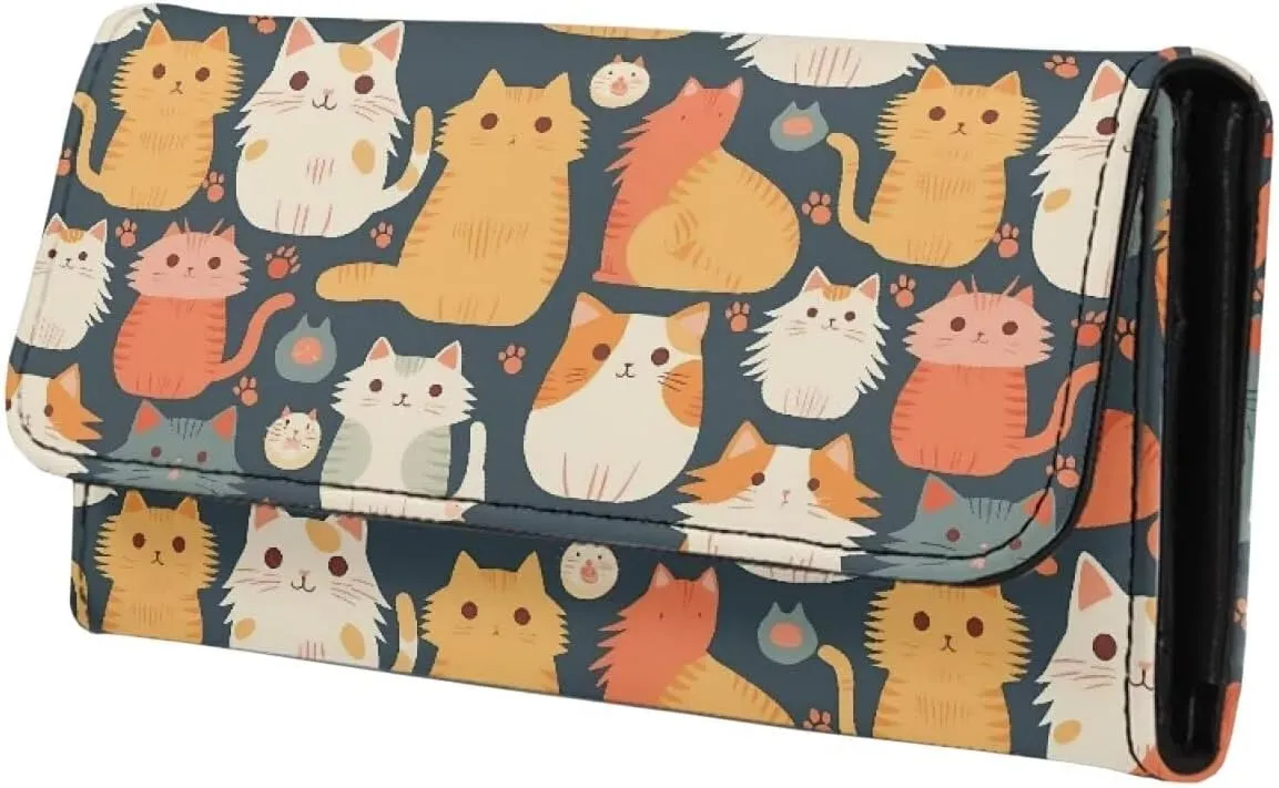 Kawaii Kitty Cat Print Women Wallet Slim Long Trifold Clutch Checkbook Wallets with Zipper Pocket, Cartoon Cats Pattern PU Leathers Wallet Purse Credit Card Holder