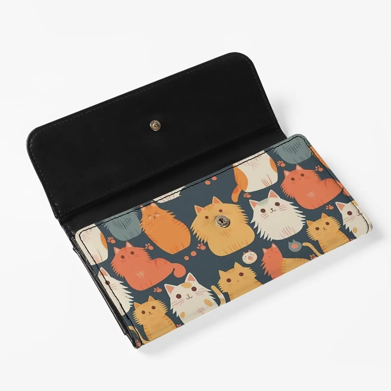 Kawaii Kitty Cat Print Women Wallet Slim Long Trifold Clutch Checkbook Wallets with Zipper Pocket, Cartoon Cats Pattern PU Leathers Wallet Purse Credit Card Holder