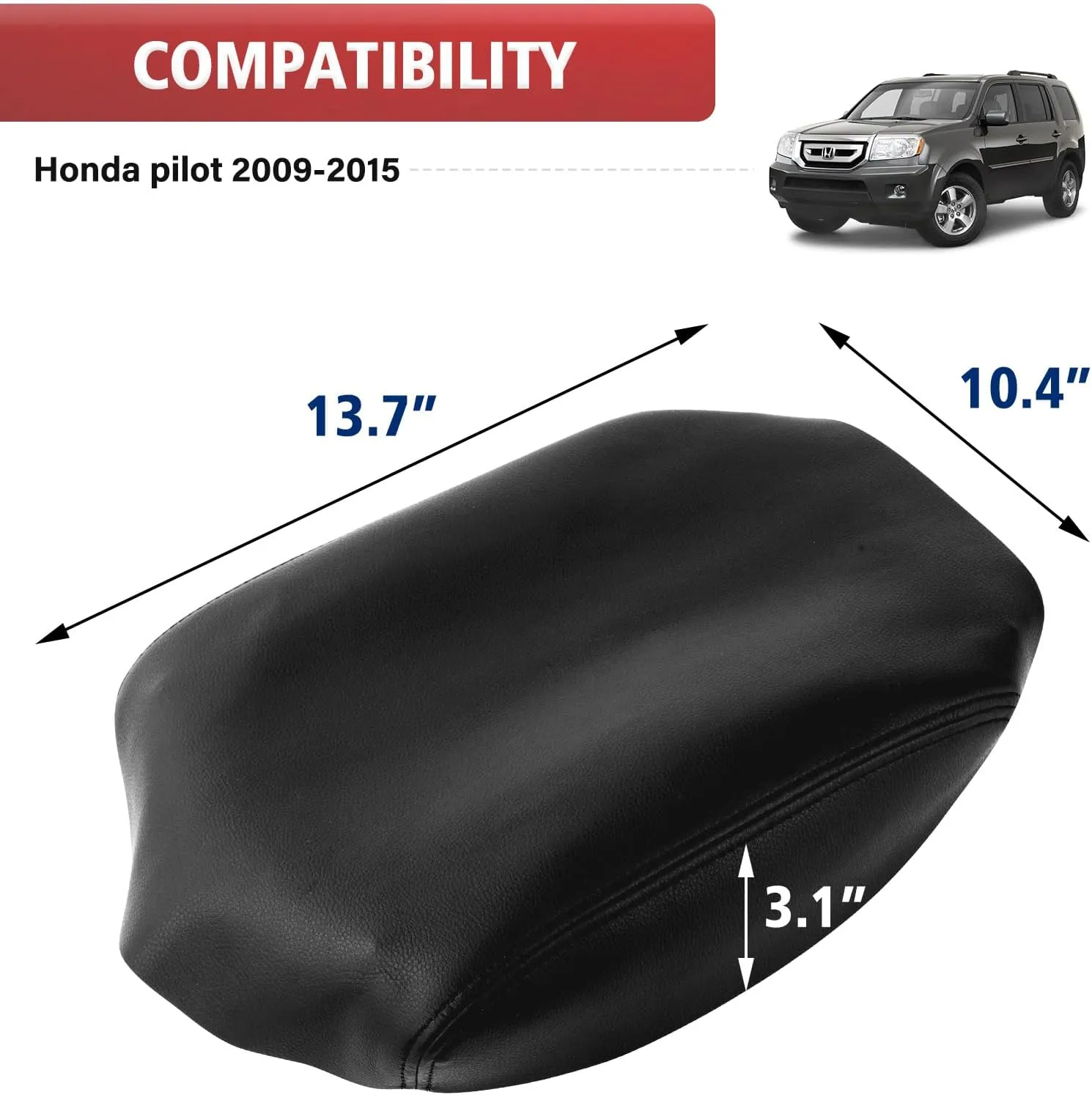 KBH Car Center Console Lid Cover Replacement for Honda Pilot 2009-2015, Vinyl Leather, Armrest Replace Covering, Anti-Scratch, Black (Leather Part Only)