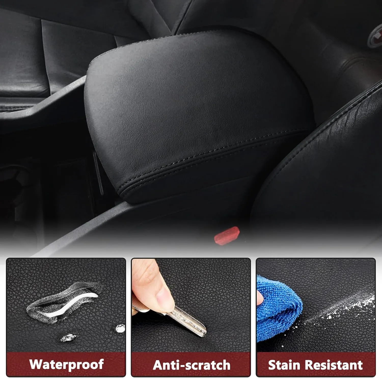 KBH Car Center Console Lid Cover Replacement for Honda Pilot 2009-2015, Vinyl Leather, Armrest Replace Covering, Anti-Scratch, Black (Leather Part Only)