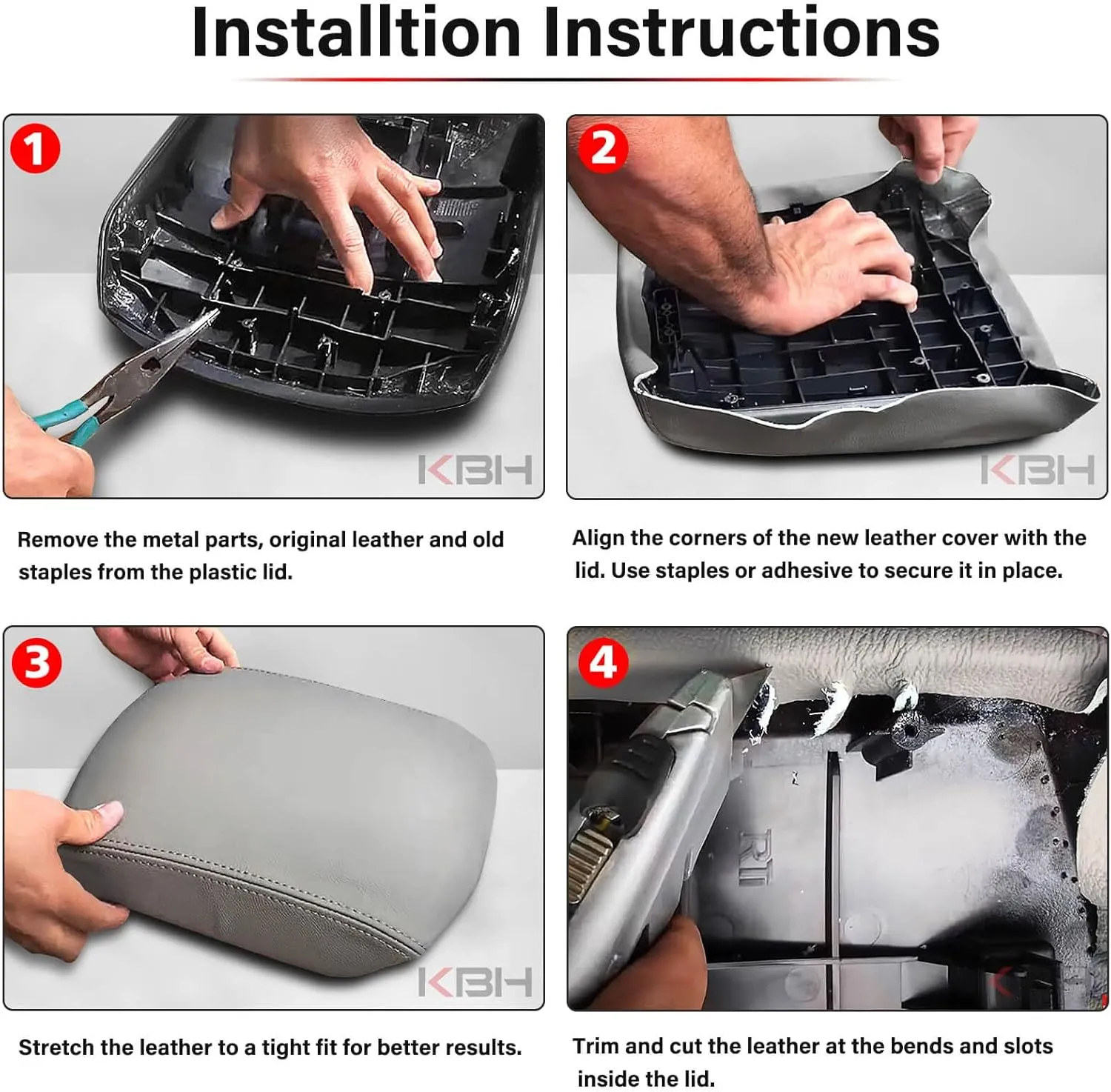 KBH Car Center Console Lid Cover Replacement for Honda Pilot 2009-2015, Vinyl Leather, Armrest Replace Covering, Anti-Scratch, Gray (Leather Part Only)