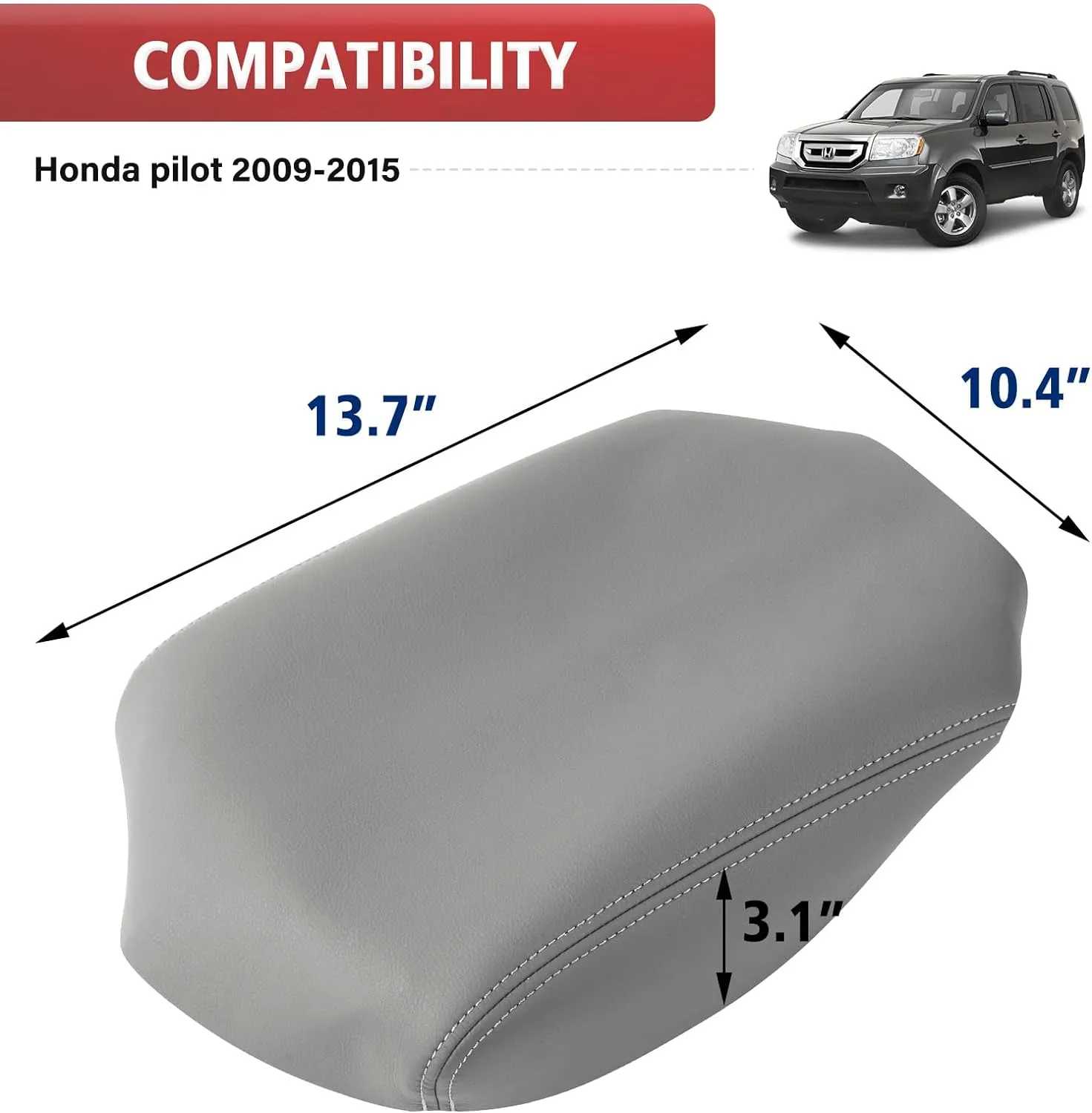 KBH Car Center Console Lid Cover Replacement for Honda Pilot 2009-2015, Vinyl Leather, Armrest Replace Covering, Anti-Scratch, Gray (Leather Part Only)