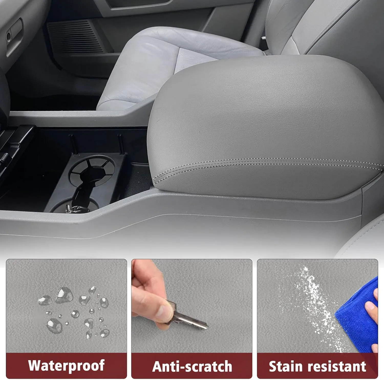 KBH Car Center Console Lid Cover Replacement for Honda Pilot 2009-2015, Vinyl Leather, Armrest Replace Covering, Anti-Scratch, Gray (Leather Part Only)