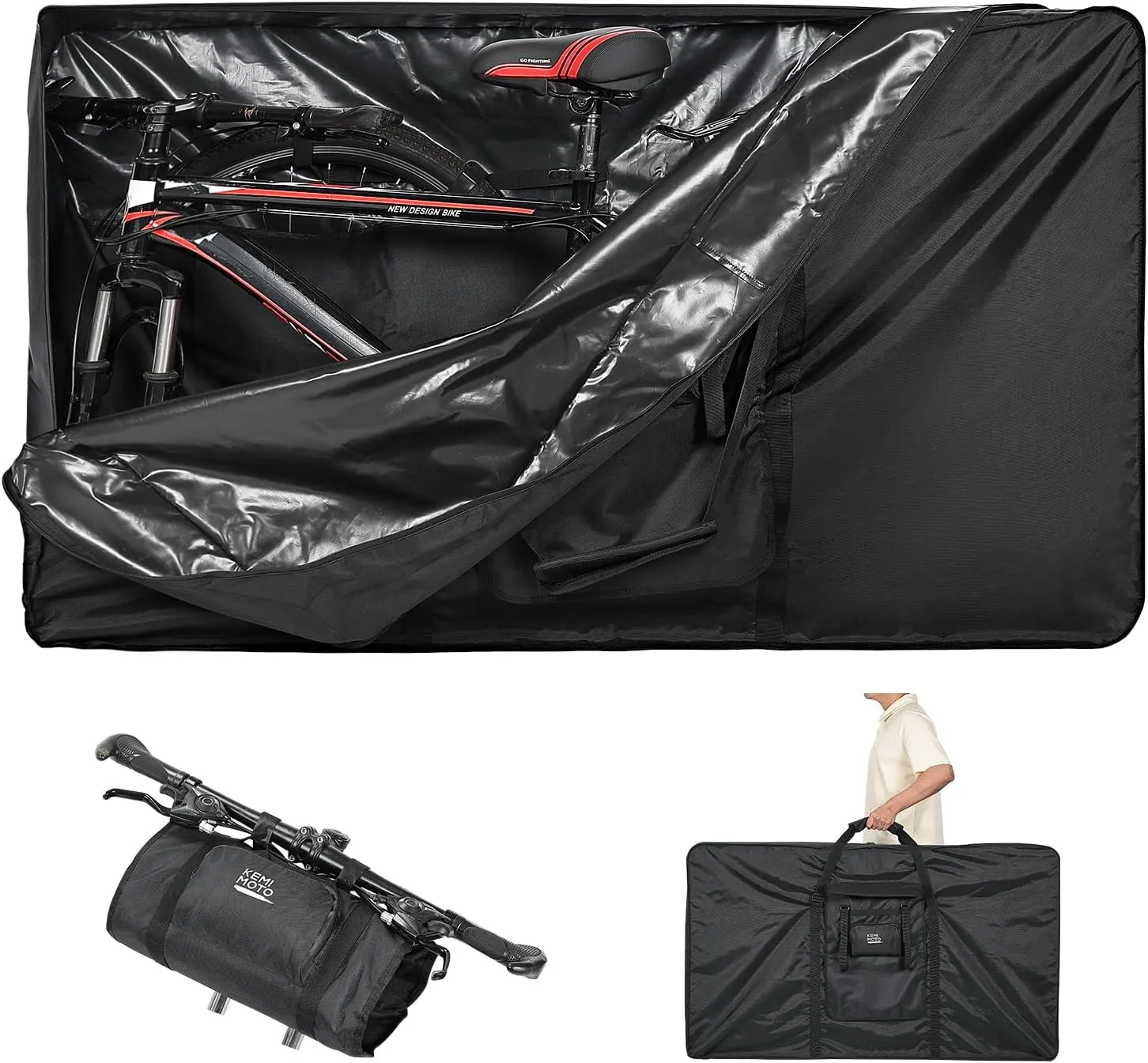 KEMIMOTO Bike Travel Bag Airplane for 26 to 29 inch Mountain Bicycle, 900D Heavy Duty Folding MTB Bike Box Case with Wheels Pack for Air Travel Flights, Water-resistant Cycling Transport Storage