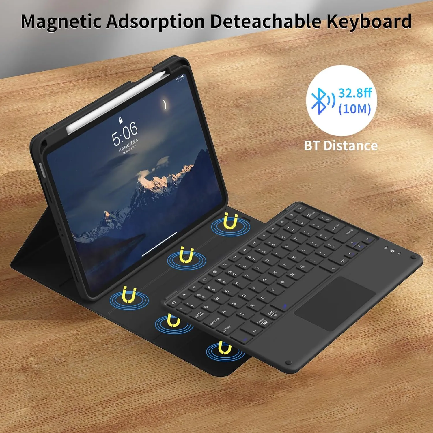 kenke for iPad 11/10th Gen Case with Keyboard 11/10.9 inch 2025 A16/2022, Detachable Wireless Bluetooth with Right Side Pencil Holder, Multi-Touch Trackpad Backlit Square Gray Keycaps (Black