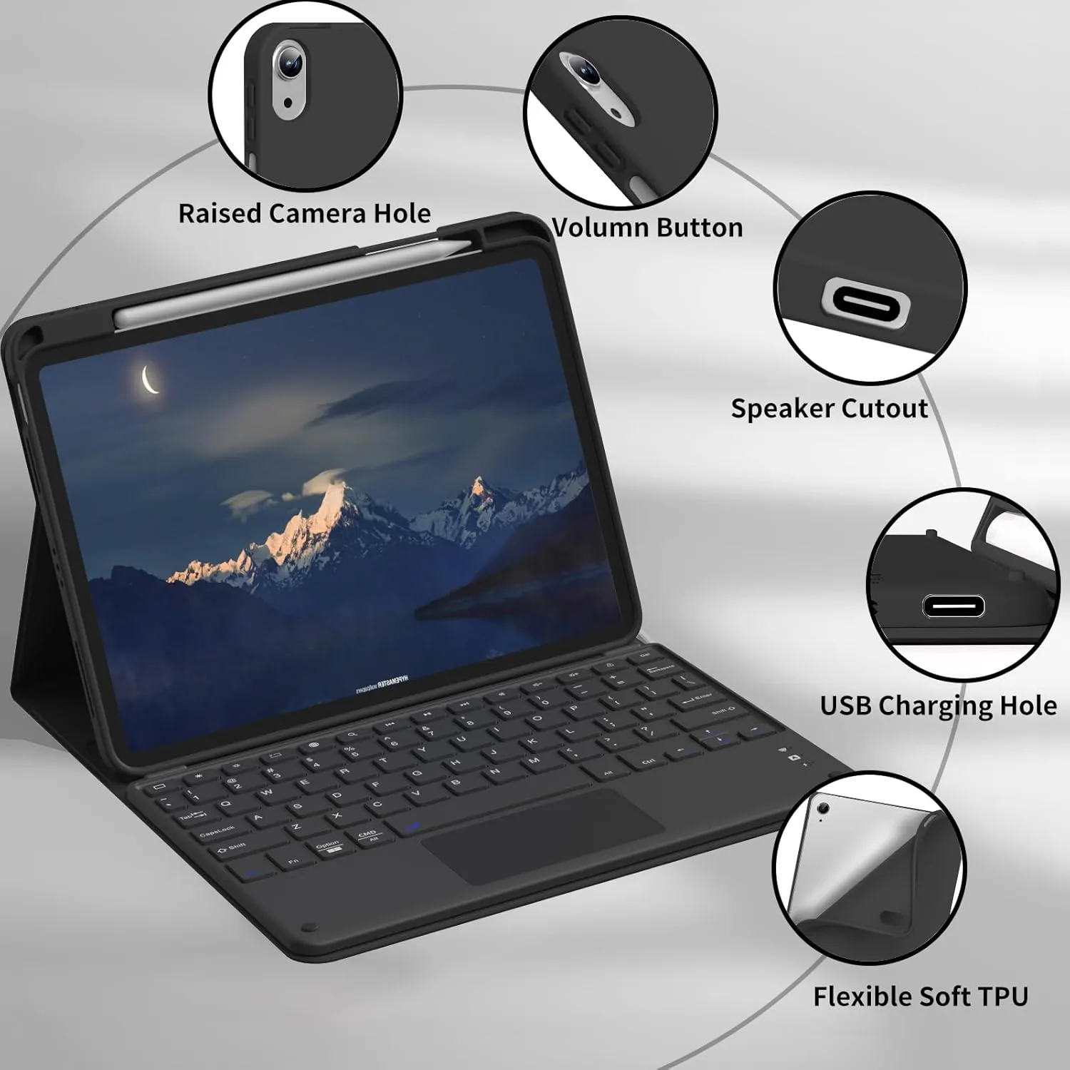 kenke for iPad 11/10th Gen Case with Keyboard 11/10.9 inch 2025 A16/2022, Detachable Wireless Bluetooth with Right Side Pencil Holder, Multi-Touch Trackpad Backlit Square Gray Keycaps (Black