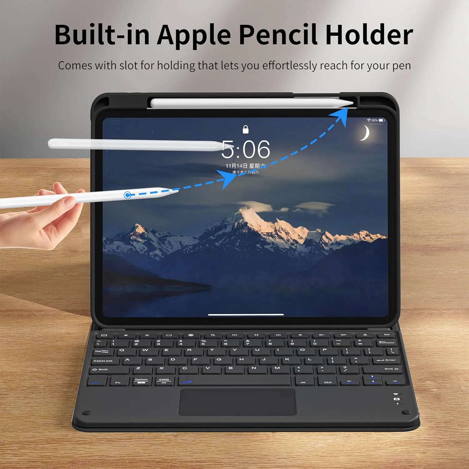 kenke for iPad 11/10th Gen Case with Keyboard 11/10.9 inch 2025 A16/2022, Detachable Wireless Bluetooth with Right Side Pencil Holder, Multi-Touch Trackpad Backlit Square Gray Keycaps (Black