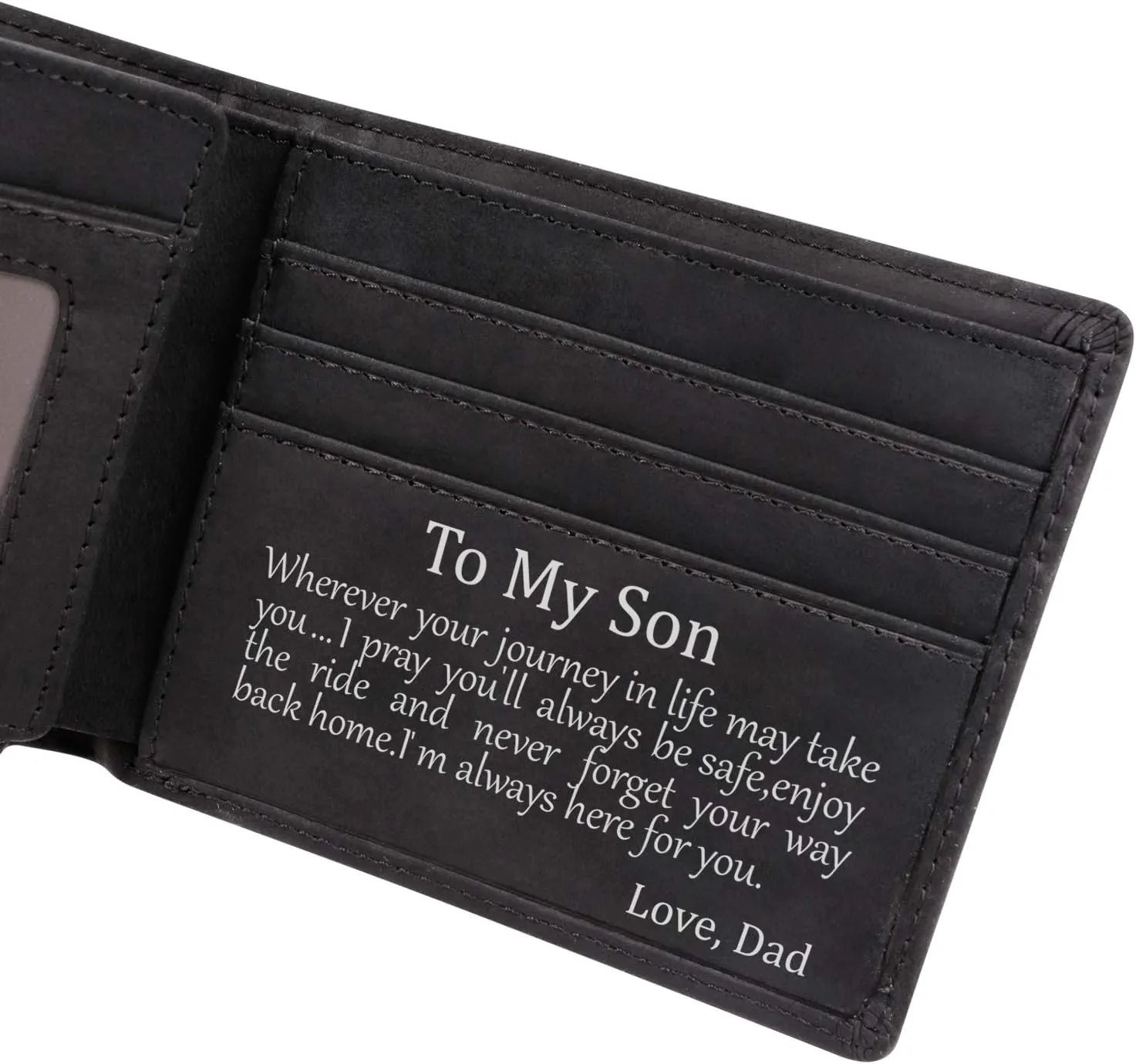 Kenon Personalized Leather Wallet Gift For Son, Engraved RFID Blocking Bifold Stylish Wallet For Son From Dad Birthday Valentines Father's Day Christmas Gifts (Black-Son From Dad)