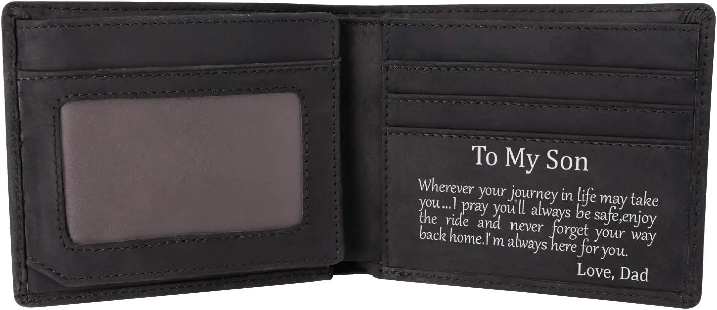 Kenon Personalized Leather Wallet Gift For Son, Engraved RFID Blocking Bifold Stylish Wallet For Son From Dad Birthday Valentines Father's Day Christmas Gifts (Black-Son From Dad)