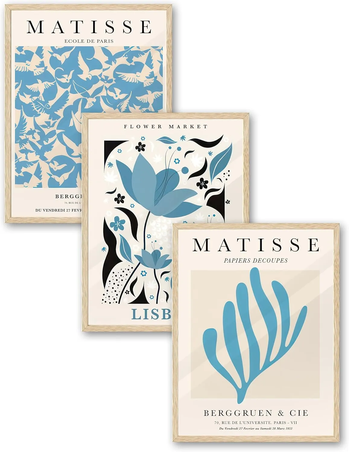KensTro Matisse Framed Wall Art,12" x 16" Natural Beige Oak Wood Frame,12x16in Minimalist Botanical Canvas Wall Art Poster Prints,Abstract Flower Wall Decor for Living Room,Bedroom,Bathroom Set of 3