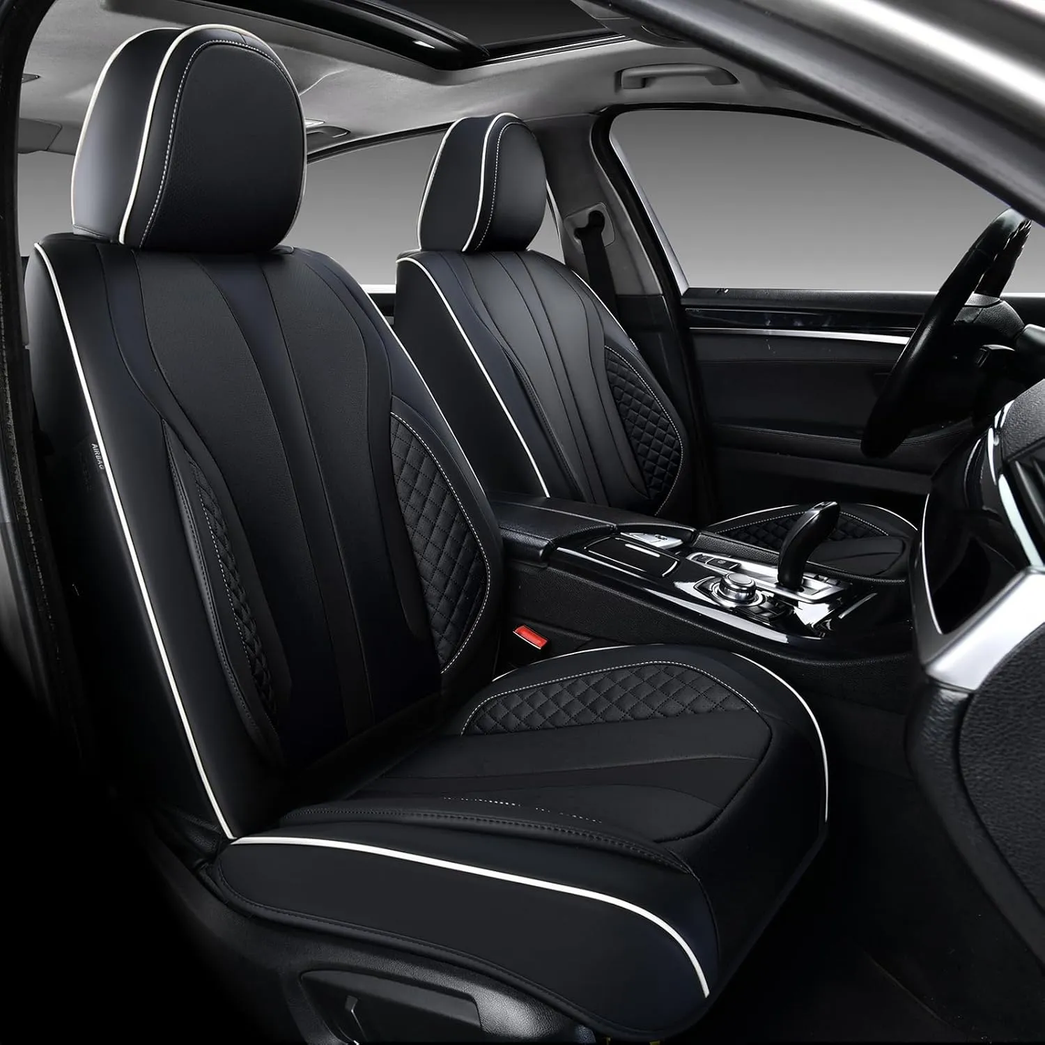 KEYOOG 2-Seater Car Seat Covers Full Set, Fit for Front Seats of Cars, Waterproof and Breathable Nappa Leather, Compatible with Airbags, Car Seat Protector Covers for Most Cars - Black White