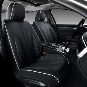 KEYOOG 2-Seater Car Seat Covers Full Set, Fit for Front Seats of Cars, Waterproof and Breathable Nappa Leather, Compatible with Airbags, Car Seat Protector Covers for Most Cars - Black White