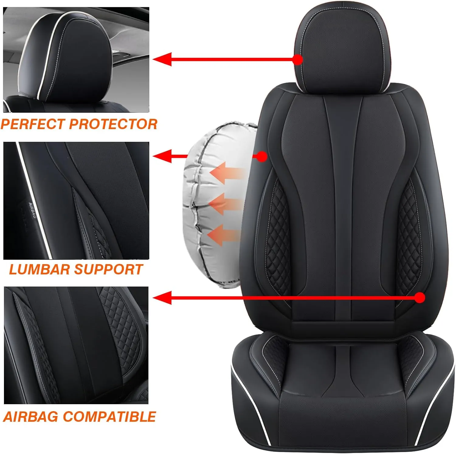 KEYOOG 2-Seater Car Seat Covers Full Set, Fit for Front Seats of Cars, Waterproof and Breathable Nappa Leather, Compatible with Airbags, Car Seat Protector Covers for Most Cars - Black White
