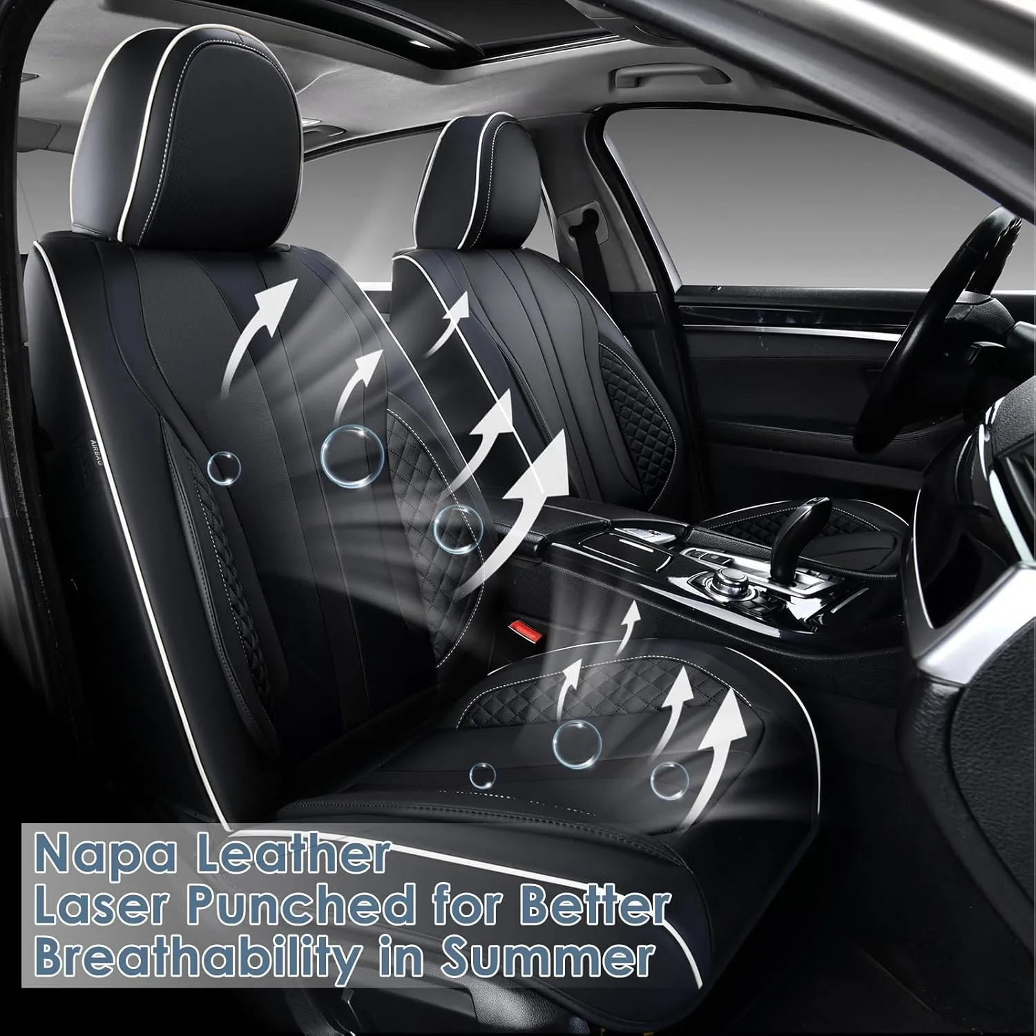 KEYOOG 2-Seater Car Seat Covers Full Set, Fit for Front Seats of Cars, Waterproof and Breathable Nappa Leather, Compatible with Airbags, Car Seat Protector Covers for Most Cars - Black White