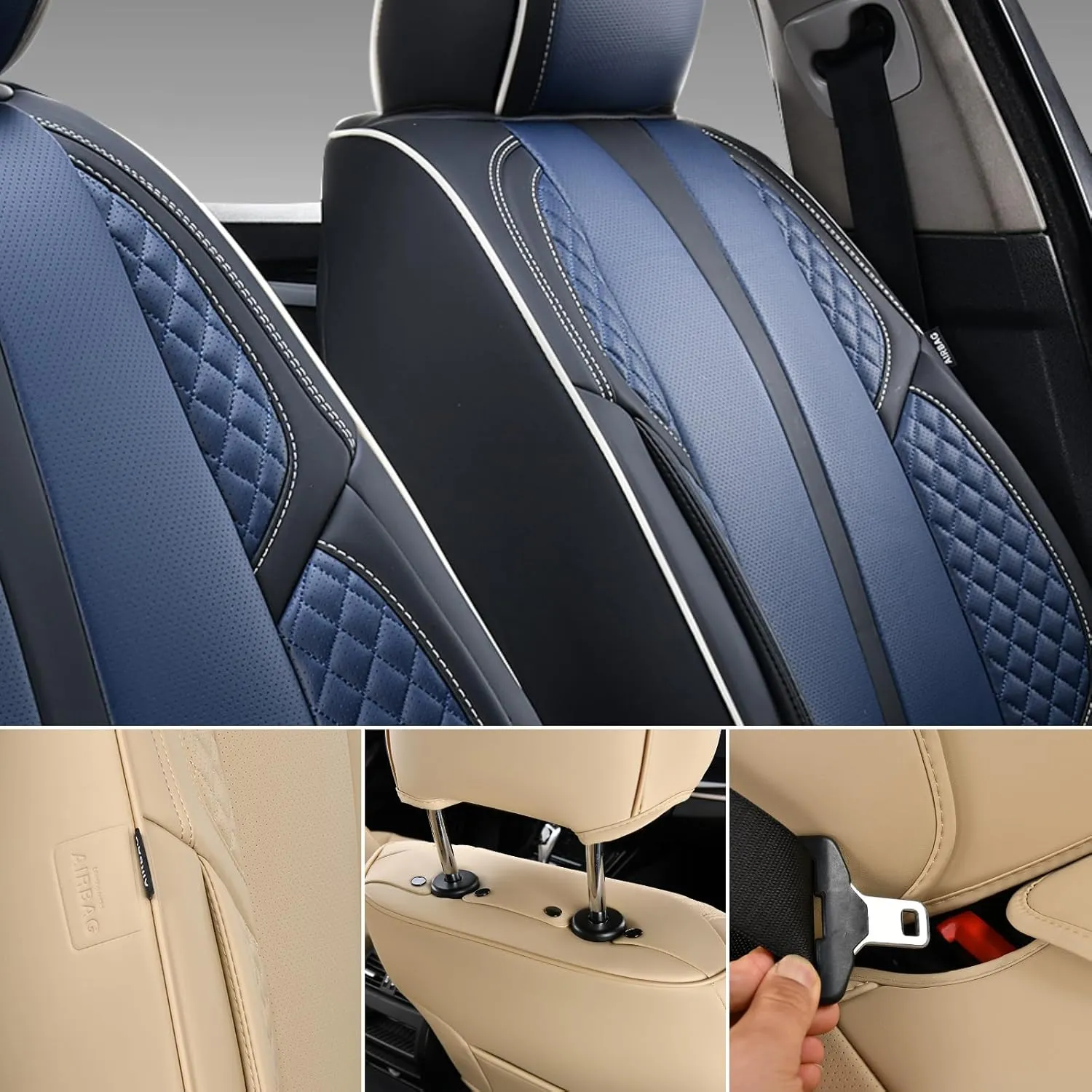 KEYOOG 2-Seater Car Seat Covers Full Set Waterproof and Breathable Nappa Leather, Fit for Front Seats of Cars, Compatible with Airbags, Car Seat Protector Covers for Most Cars - Black Blue