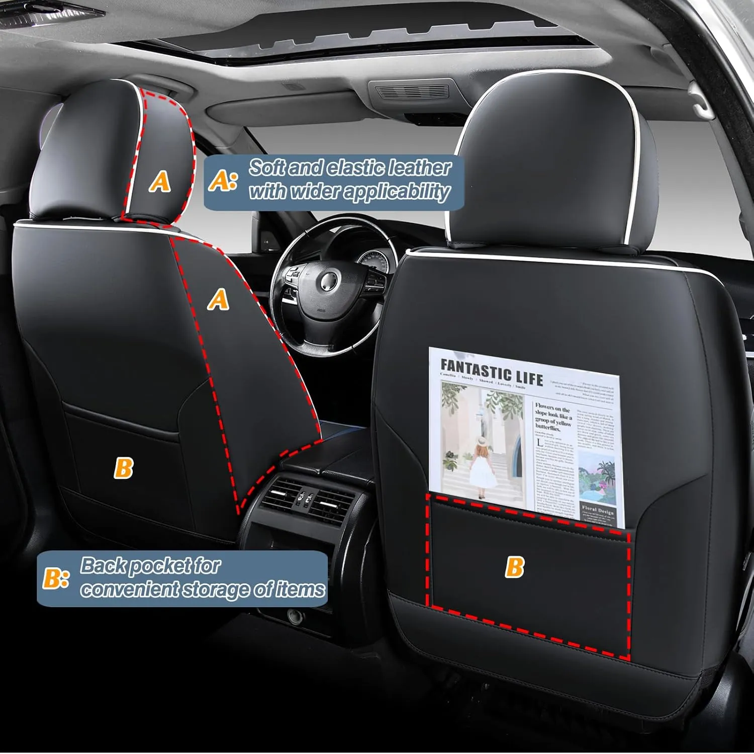 KEYOOG 2-Seater Car Seat Covers Full Set Waterproof and Breathable Nappa Leather, Fit for Front Seats of Cars, Compatible with Airbags, Car Seat Protector Covers for Most Cars - Black Blue