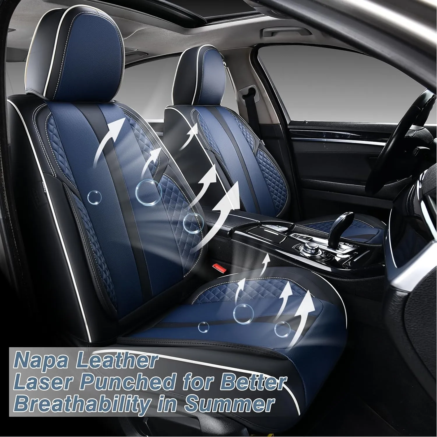 KEYOOG 2-Seater Car Seat Covers Full Set Waterproof and Breathable Nappa Leather, Fit for Front Seats of Cars, Compatible with Airbags, Car Seat Protector Covers for Most Cars - Black Blue