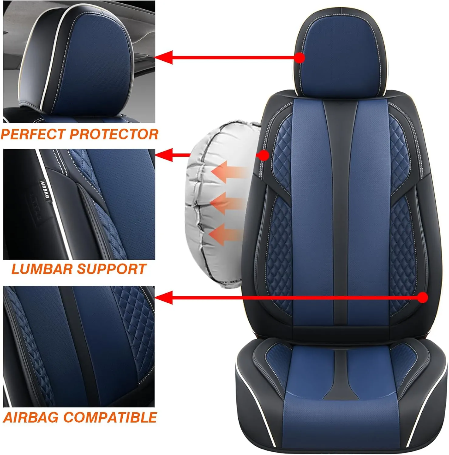 KEYOOG 2-Seater Car Seat Covers Full Set Waterproof and Breathable Nappa Leather, Fit for Front Seats of Cars, Compatible with Airbags, Car Seat Protector Covers for Most Cars - Black Blue