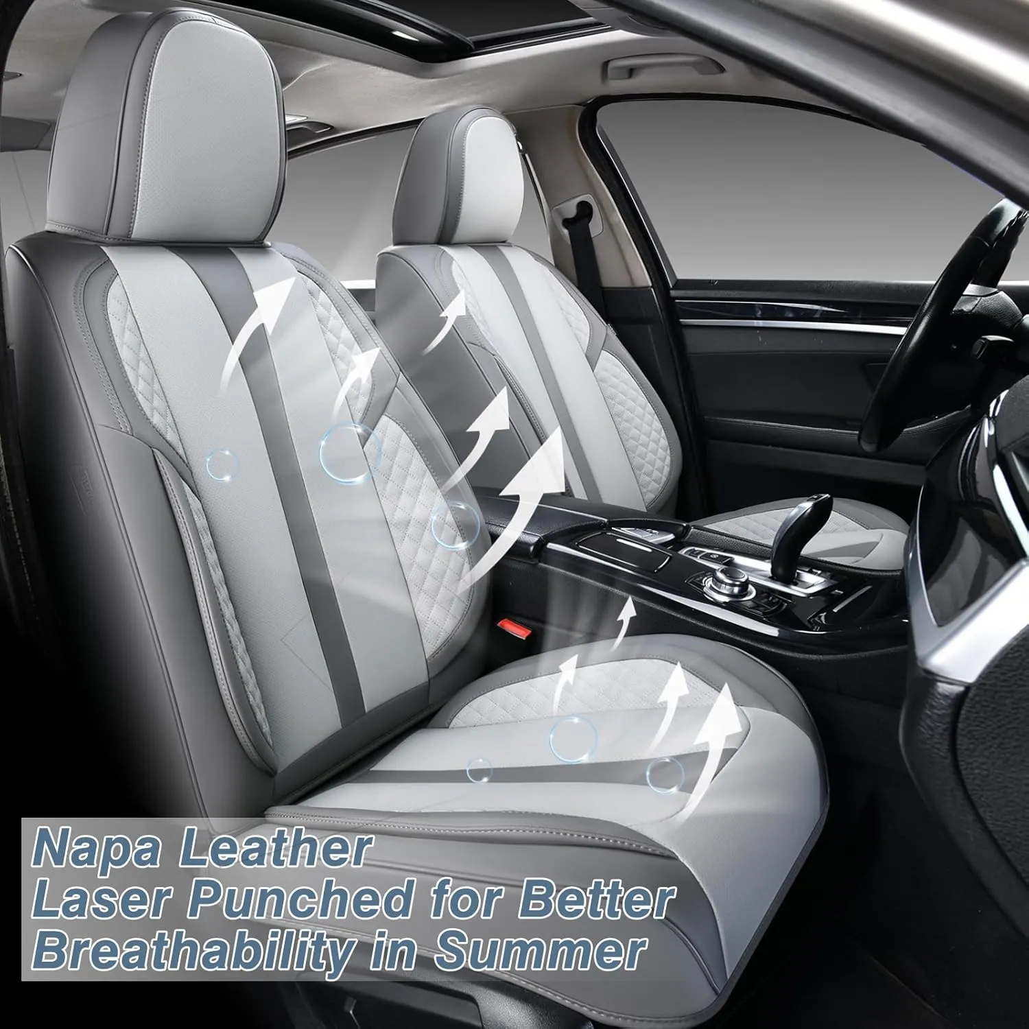 KEYOOG 2-Seater Car Seat Covers Full Set Waterproof and Breathable Nappa Leather, Fit for Front Seats of Cars, Compatible with Airbags, Car Seat Protector Covers for Most Cars - Light Gray