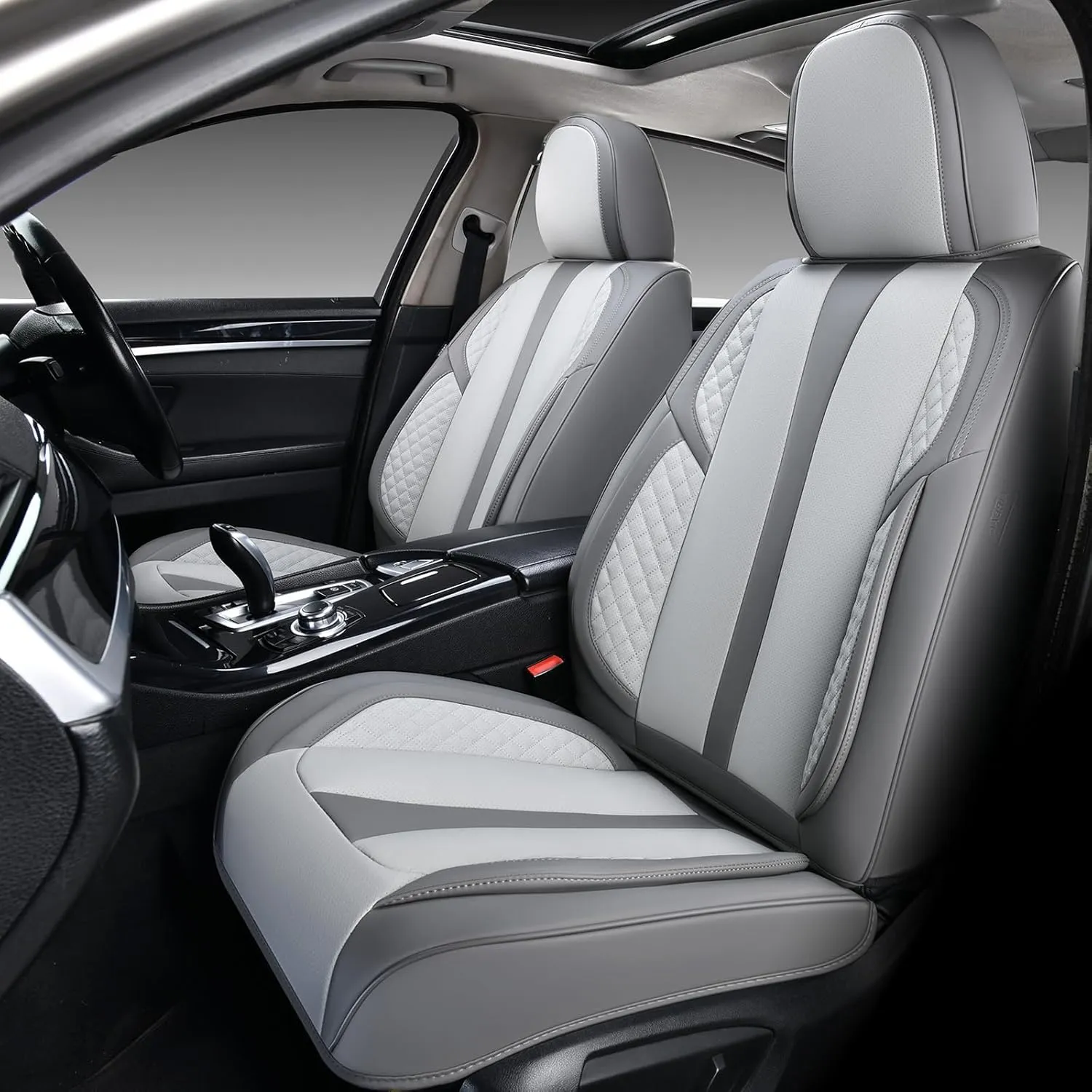 KEYOOG 2-Seater Car Seat Covers Full Set Waterproof and Breathable Nappa Leather, Fit for Front Seats of Cars, Compatible with Airbags, Car Seat Protector Covers for Most Cars - Light Gray