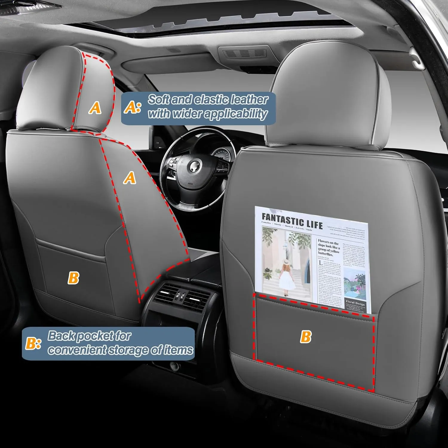 KEYOOG 2-Seater Car Seat Covers Full Set Waterproof and Breathable Nappa Leather, Fit for Front Seats of Cars, Compatible with Airbags, Car Seat Protector Covers for Most Cars - Light Gray