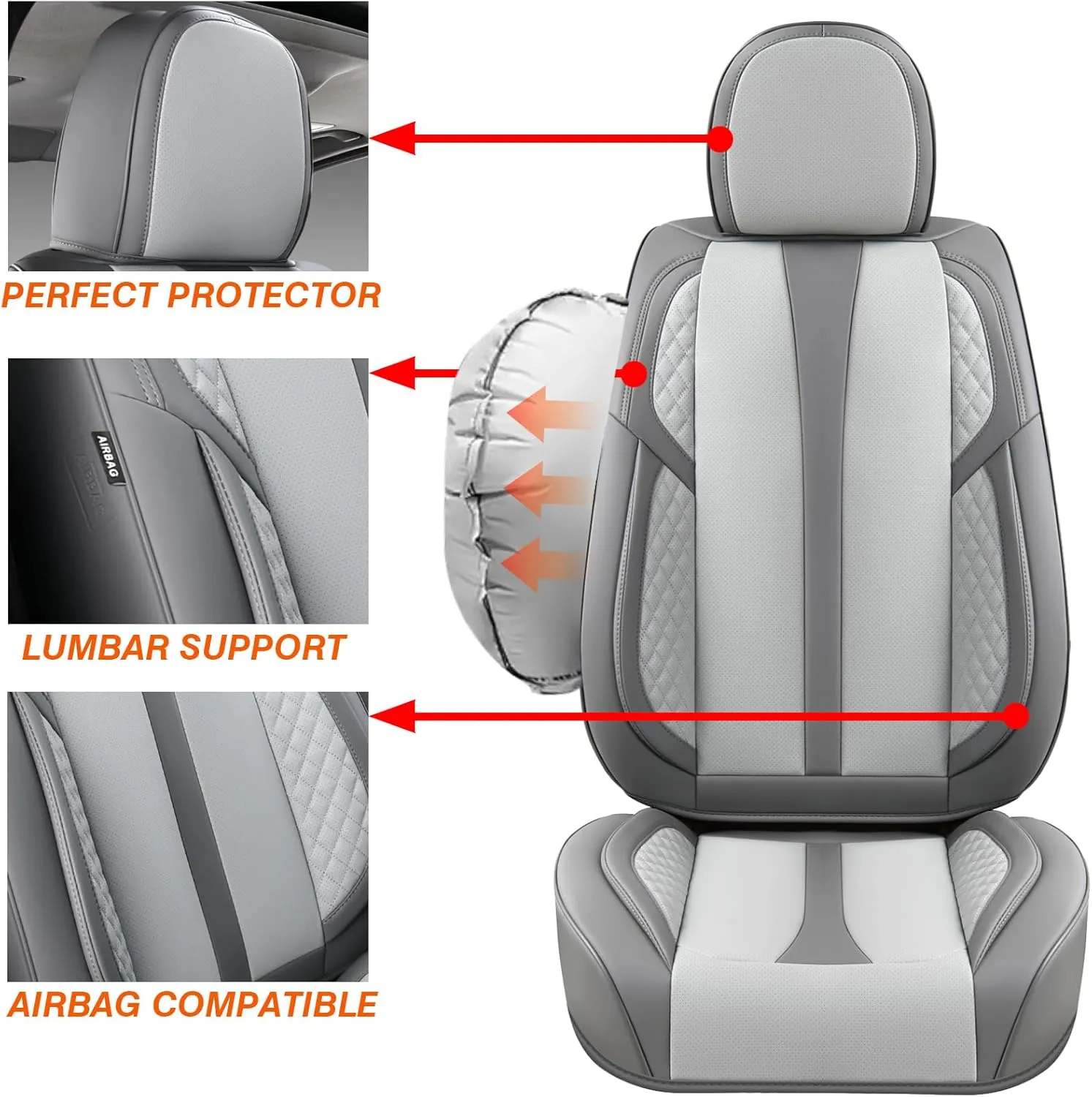 KEYOOG 2-Seater Car Seat Covers Full Set Waterproof and Breathable Nappa Leather, Fit for Front Seats of Cars, Compatible with Airbags, Car Seat Protector Covers for Most Cars - Light Gray