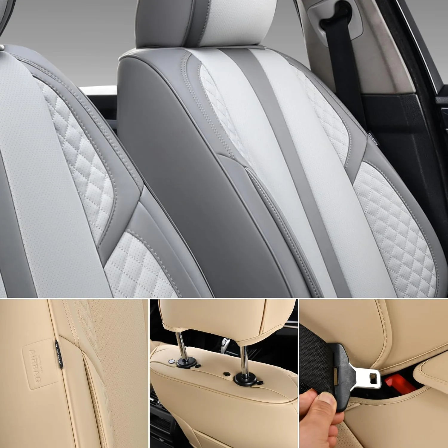 KEYOOG 2-Seater Car Seat Covers Full Set Waterproof and Breathable Nappa Leather, Fit for Front Seats of Cars, Compatible with Airbags, Car Seat Protector Covers for Most Cars - Light Gray