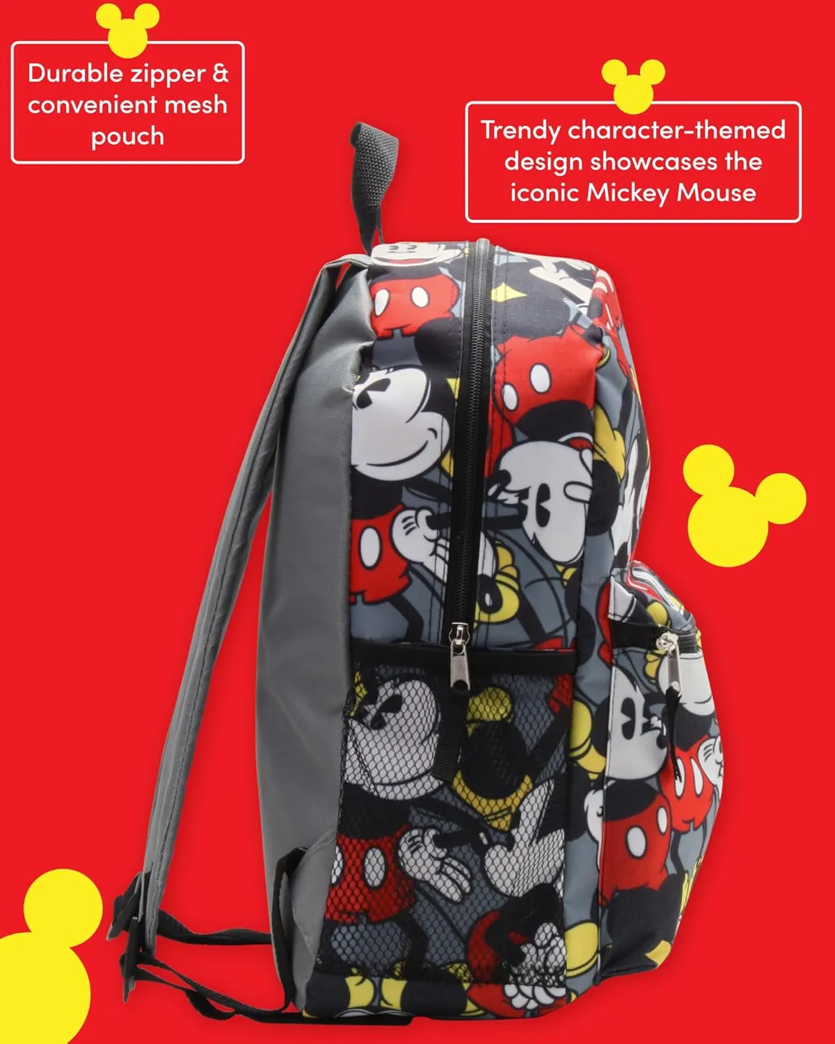 Kids Backpack - 16" School Bookbag - Disney Minnie, Mickey Mouse, Marvel Avengers: Kindergarten, Elementary, Size One Size, Mickey Grey