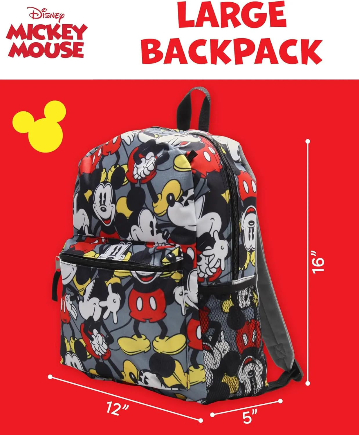Kids Backpack - 16" School Bookbag - Disney Minnie, Mickey Mouse, Marvel Avengers: Kindergarten, Elementary, Size One Size, Mickey Grey
