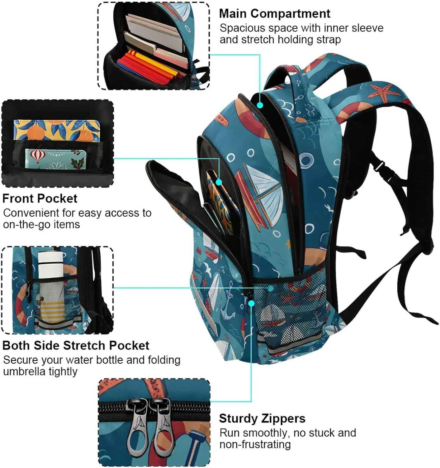 Kids School Backpack Anchors Sailboat Starfish Cartoon Student Book Bag Outdoor Travel Daypack for Girls Boys School Supplies