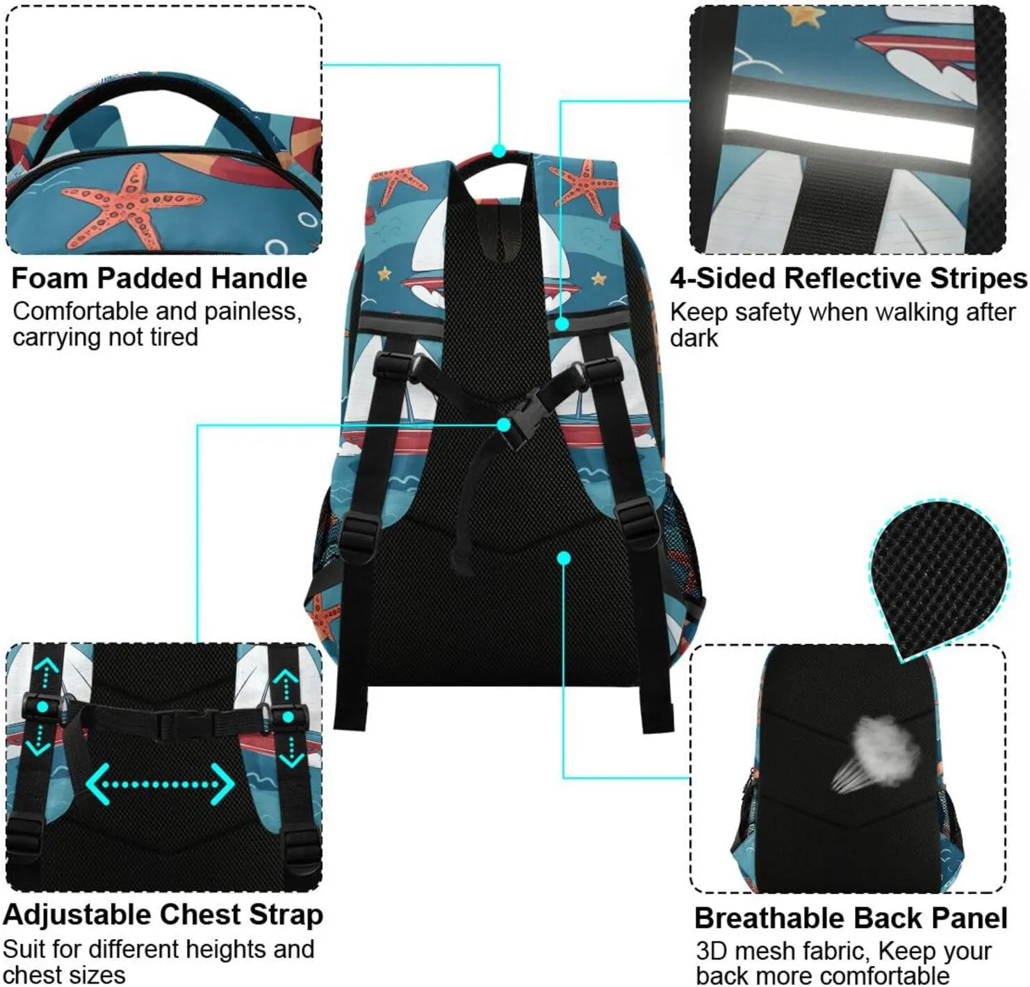 Kids School Backpack Anchors Sailboat Starfish Cartoon Student Book Bag Outdoor Travel Daypack for Girls Boys School Supplies