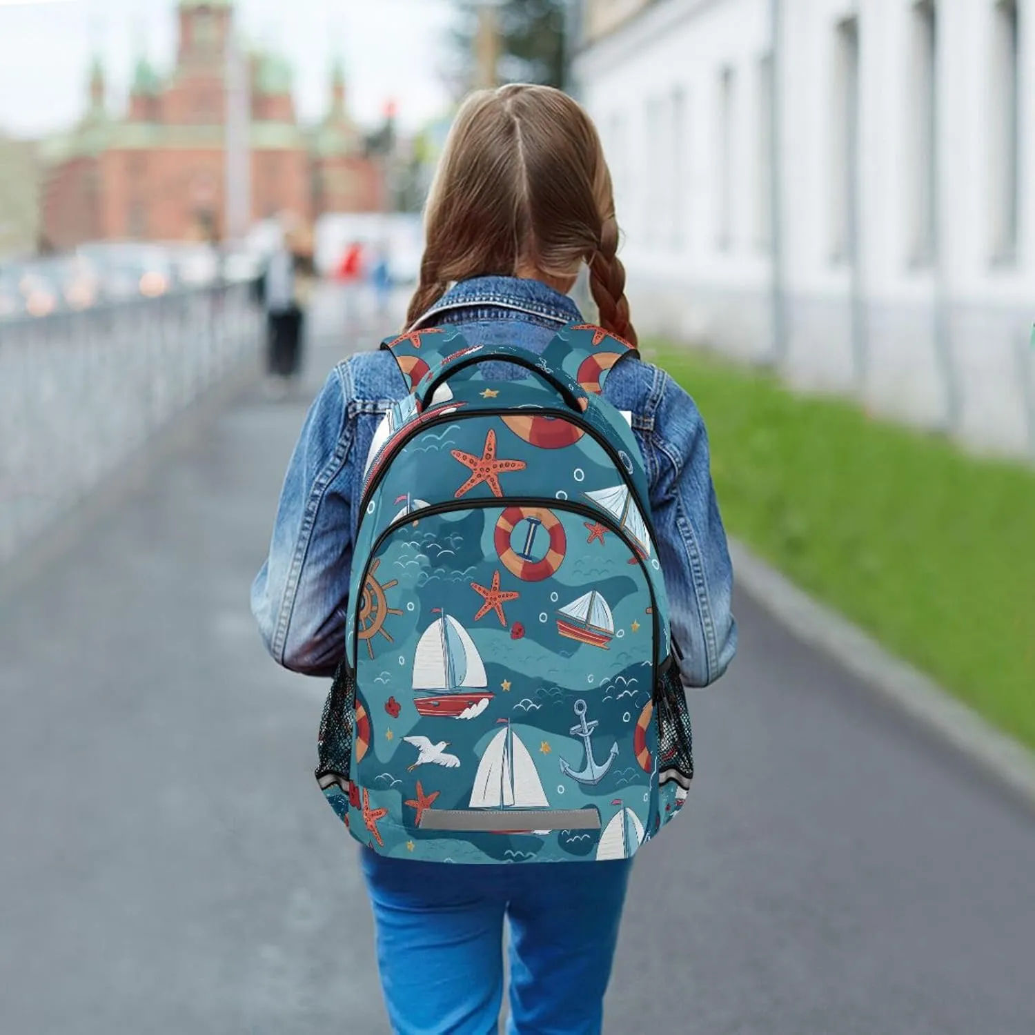 Kids School Backpack Anchors Sailboat Starfish Cartoon Student Book Bag Outdoor Travel Daypack for Girls Boys School Supplies
