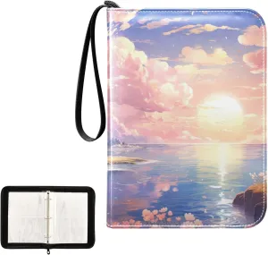 Kigai Flower Beach Painting Trading Card Binder, 4 Pockets Card Album with 400 Cards, Waterproof PU Zip Portable Card Holder for Sports Cards, Game Cards