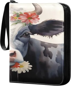 Kigai Trading Card Binder with 50 Sleeves, 400 Pockets PU Zipper Card Collection Binder 4-Pocket Portable Card Folder for Sports Cards, Game Cards (Floral Cows Painting)