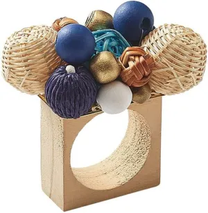 Kim Seybert Java Napkin Ring in Natural & Navy & White, Set of 4