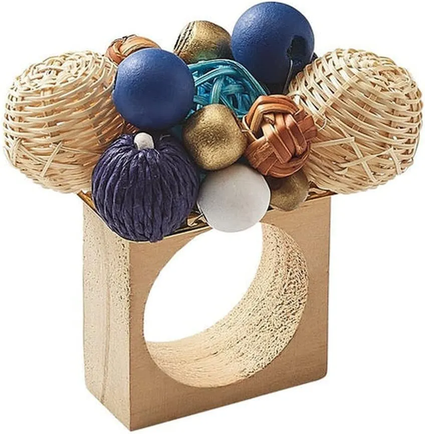Kim Seybert Java Napkin Ring in Natural & Navy & White, Set of 4