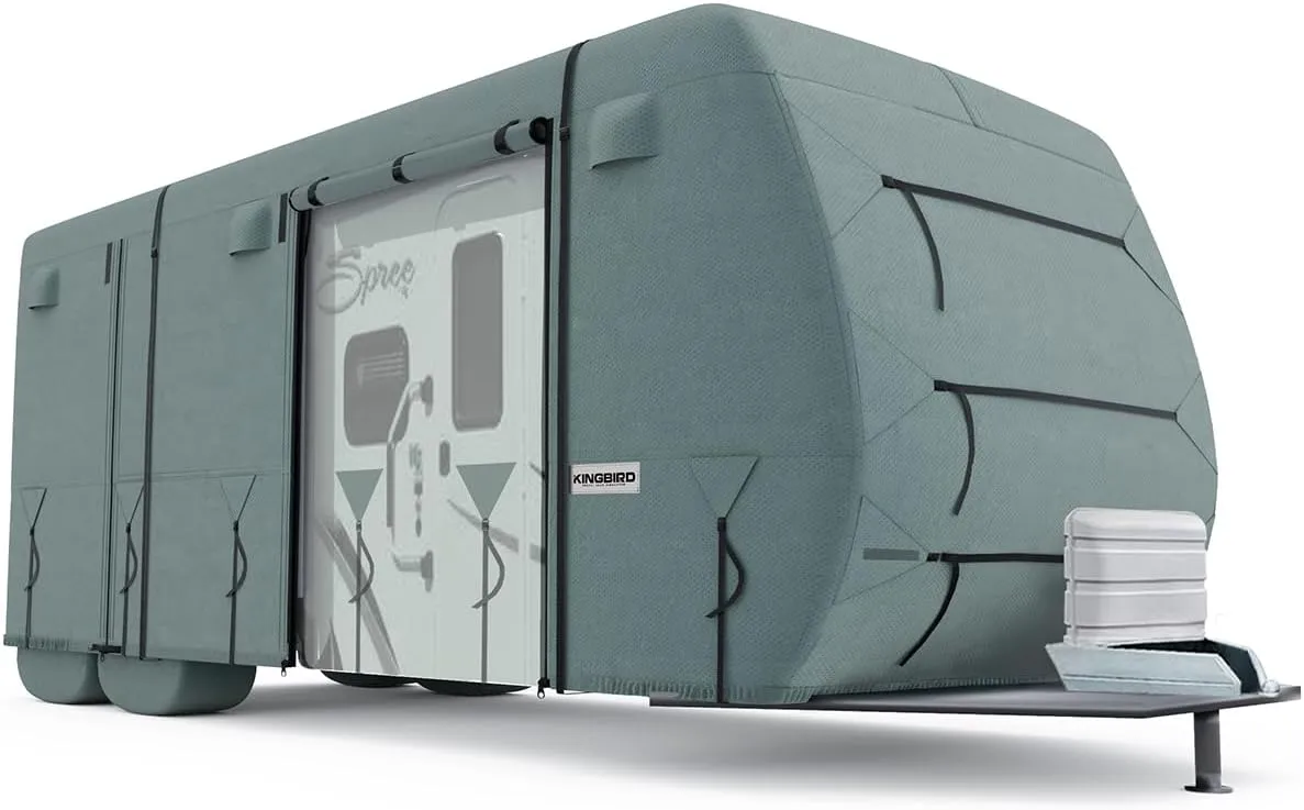 KING BIRD Travel Trailer RV Cover Extra-Thick 4 Layers Anti-UV Top Panel, Durable Camper Cover, Fits 20'-22' Motorhome -Breathable, Water-Proof, Rip-Stop with 2Pcs Extra Straps & 4 Tire Covers