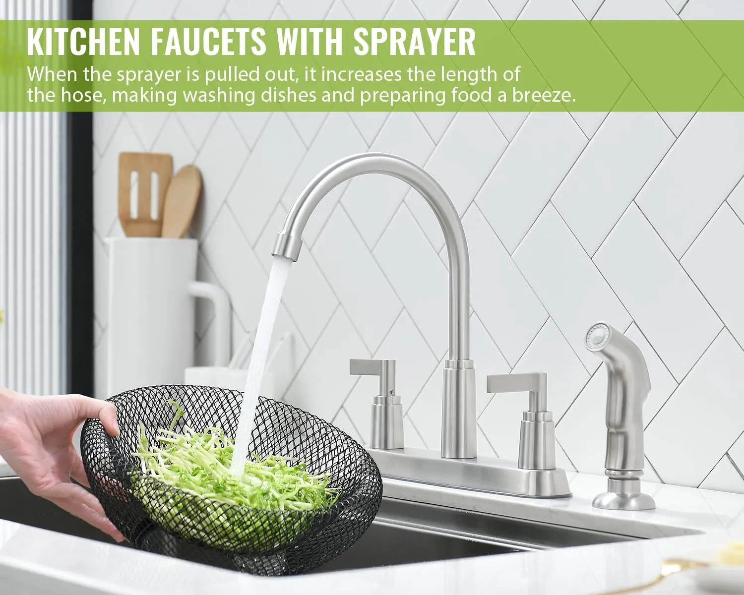 Kitchen Faucet with Sprayer, Brushed Nickel Stainless Steel Kitchen Sink Faucet with Side Sprayer, 3 Hole or 4 Hole Faucet for Kitchen Sink, Commercial RV Laundry Utility Kitchen Faucet KMF023L-1