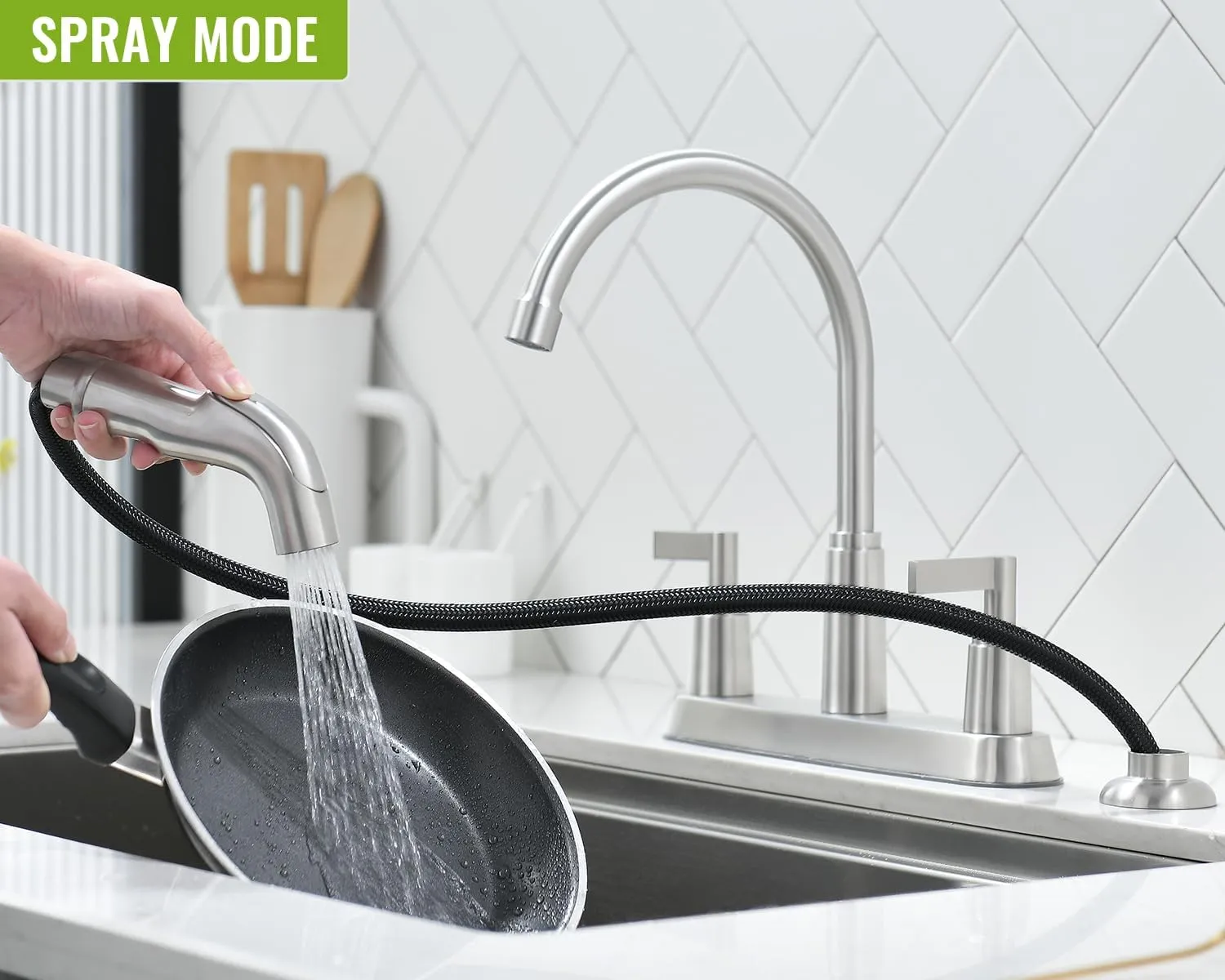 Kitchen Faucet with Sprayer, Brushed Nickel Stainless Steel Kitchen Sink Faucet with Side Sprayer, 3 Hole or 4 Hole Faucet for Kitchen Sink, Commercial RV Laundry Utility Kitchen Faucet KMF023L-1