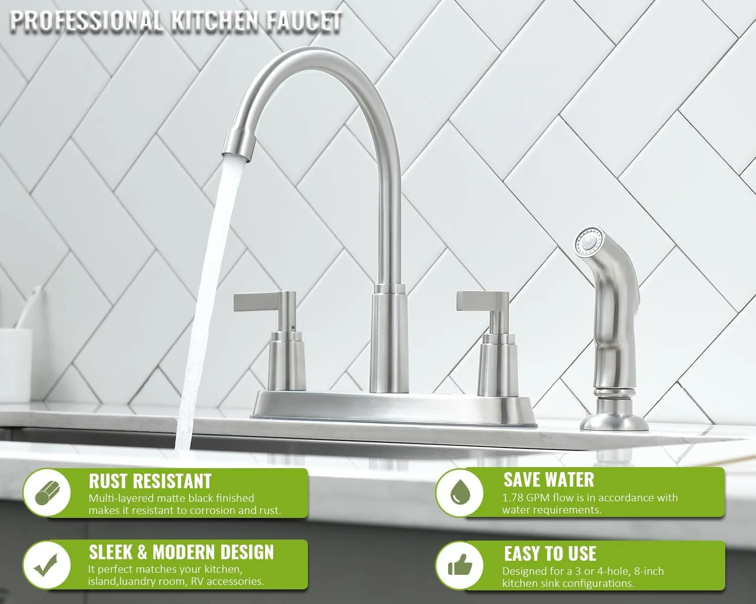 Kitchen Faucet with Sprayer, Brushed Nickel Stainless Steel Kitchen Sink Faucet with Side Sprayer, 3 Hole or 4 Hole Faucet for Kitchen Sink, Commercial RV Laundry Utility Kitchen Faucet KMF023L-1