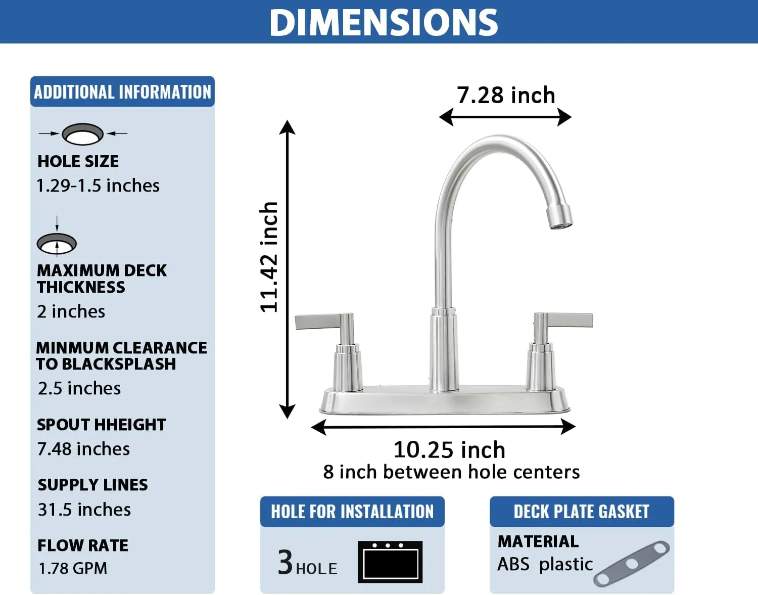 Kitchen Faucet,Brushed Nickel Stainless Steel Kitchen Sink Faucet, 2 Hole or 3 Hole Faucet for Kitchen Sink, Commercial RV Laundry Utility Kitchen Faucet KMF023L-W