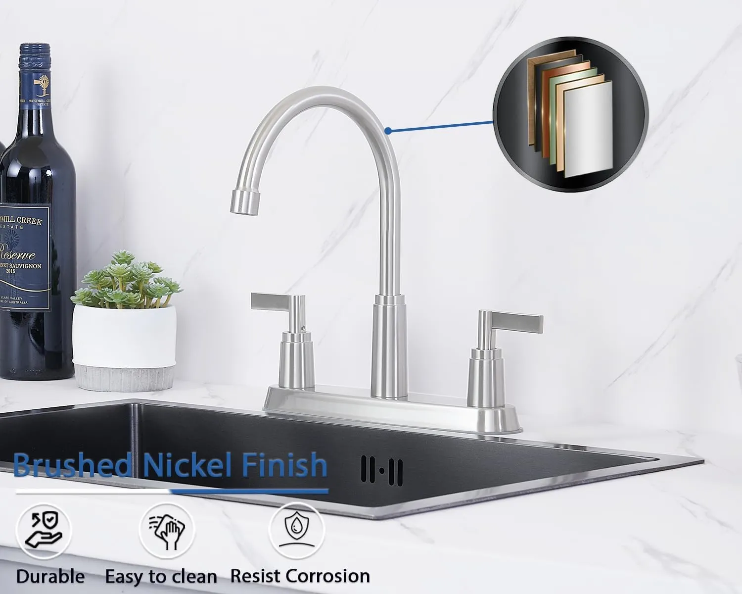 Kitchen Faucet,Brushed Nickel Stainless Steel Kitchen Sink Faucet, 2 Hole or 3 Hole Faucet for Kitchen Sink, Commercial RV Laundry Utility Kitchen Faucet KMF023L-W