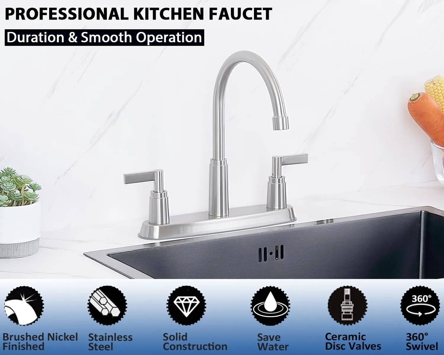 Kitchen Faucet,Brushed Nickel Stainless Steel Kitchen Sink Faucet, 2 Hole or 3 Hole Faucet for Kitchen Sink, Commercial RV Laundry Utility Kitchen Faucet KMF023L-W