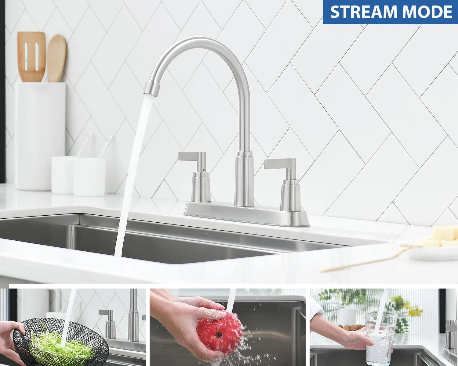 Kitchen Faucet,Brushed Nickel Stainless Steel Kitchen Sink Faucet, 2 Hole or 3 Hole Faucet for Kitchen Sink, Commercial RV Laundry Utility Kitchen Faucet KMF023L-W