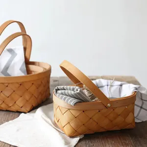 Kitchen Storage Basket Fruit Vegetable Bread Basket Handwoven Bamboo Outdoor Portable Picnic Basket Sundries Organizer Decor
