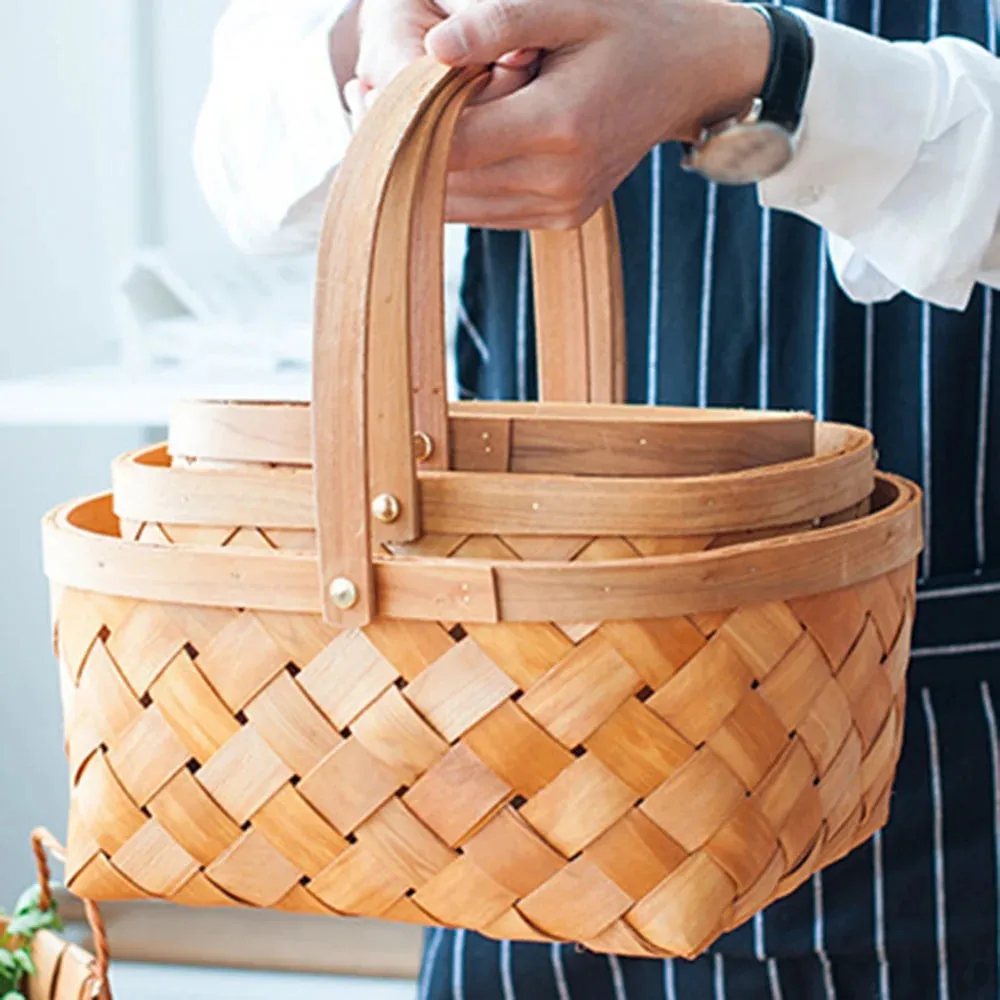Kitchen Storage Basket Fruit Vegetable Bread Basket Handwoven Bamboo Outdoor Portable Picnic Basket Sundries Organizer Decor