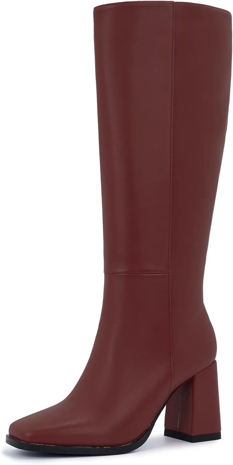Knee-High Boots for Women - Wide Calf Boots with Zipper, Square Toe Tall Leather Boots, Chunky Heel Fashion Long Boots