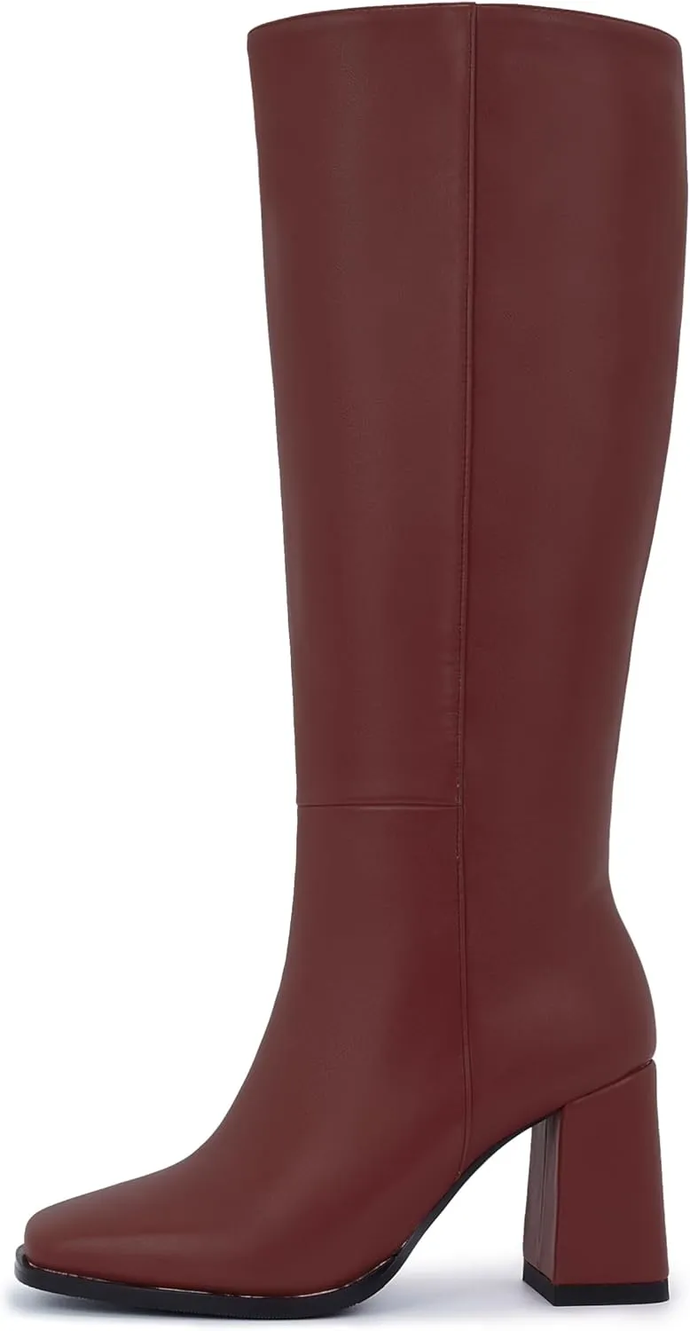 Knee-High Boots for Women - Wide Calf Boots with Zipper, Square Toe Tall Leather Boots, Chunky Heel Fashion Long Boots