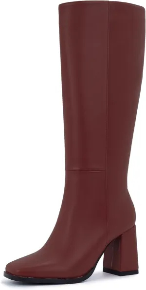 Knee-High Boots for Women - Wide Calf Boots with Zipper, Square Toe Tall Leather Boots, Chunky Heel Fashion Long Boots
