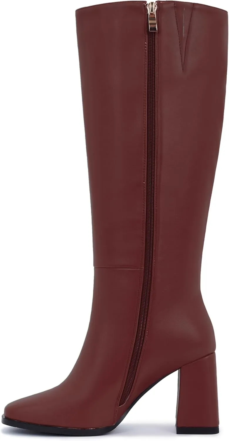 Knee-High Boots for Women - Wide Calf Boots with Zipper, Square Toe Tall Leather Boots, Chunky Heel Fashion Long Boots